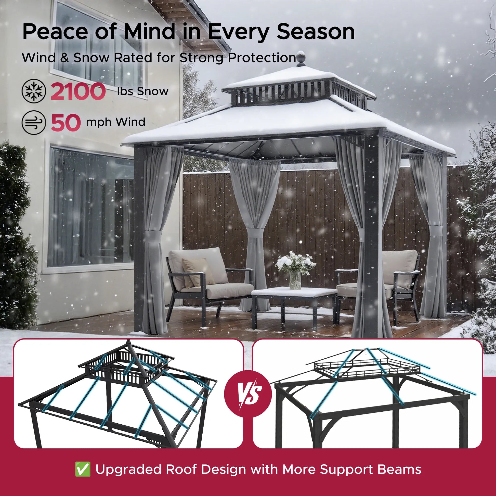 Mazonvintage Kingston 10x10 Gazebo with Netting & Curtain | Steel Roof - Gray Aluminum Posts