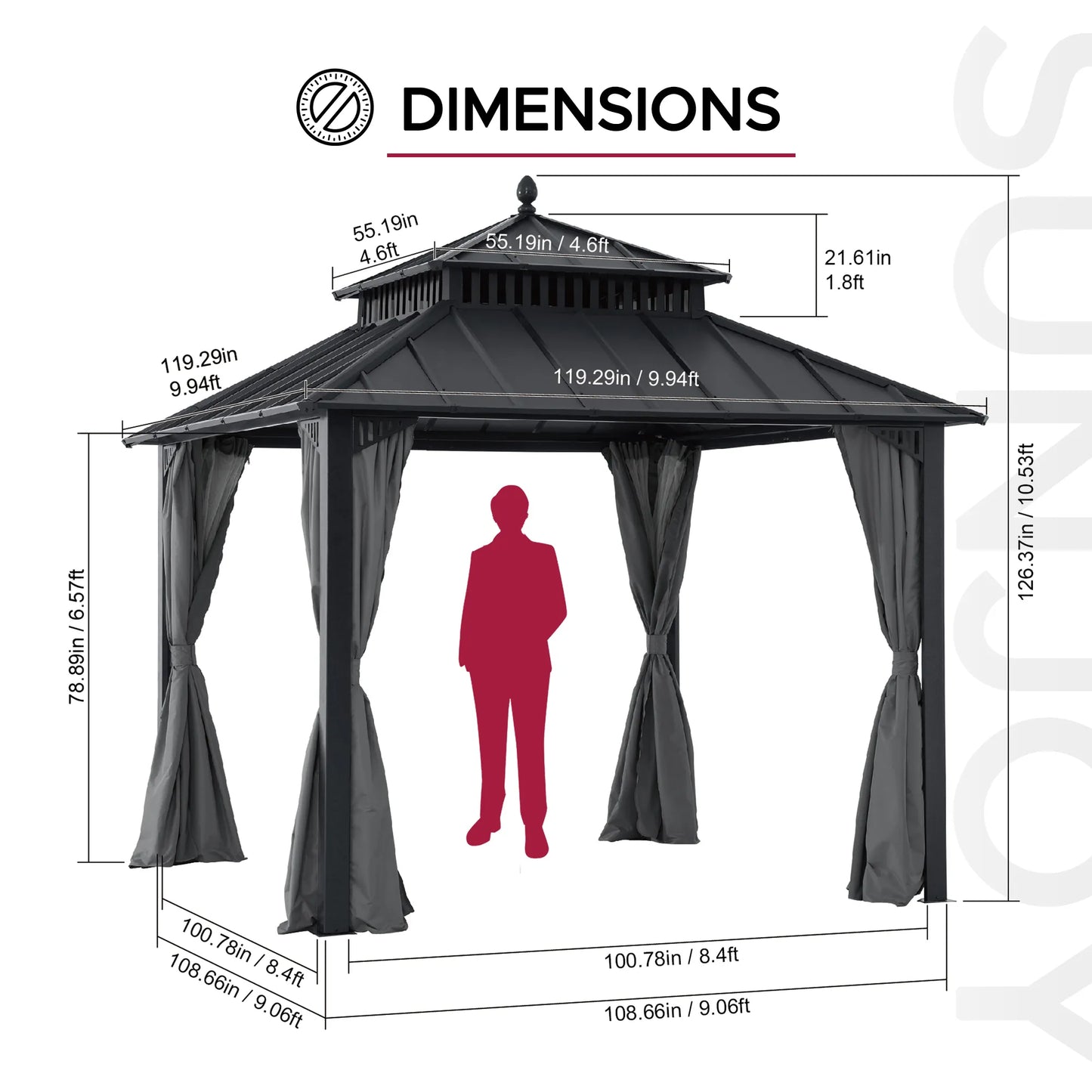 Mazonvintage Kingston 10x10 Gazebo with Netting & Curtain | Steel Roof - Gray Aluminum Posts