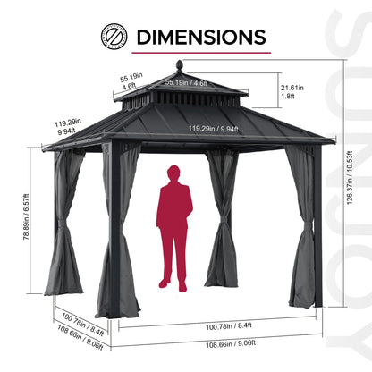 Mazonvintage Kingston 10x10 Gazebo with Netting & Curtain | Steel Roof - Gray Aluminum Posts
