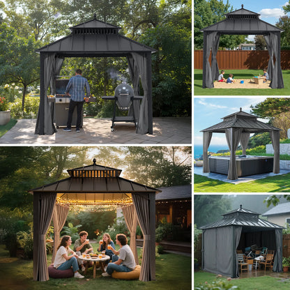 Mazonvintage Kingston 10x10 Gazebo with Netting & Curtain | Steel Roof - Gray Aluminum Posts