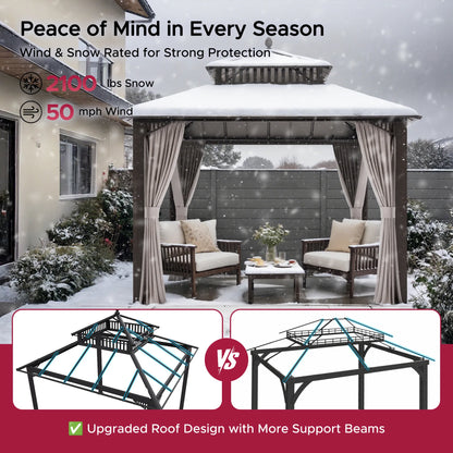 Mazonvintage Kingston 10x10 Gazebo with Netting & Curtain | Steel Roof - Brown Aluminum Posts