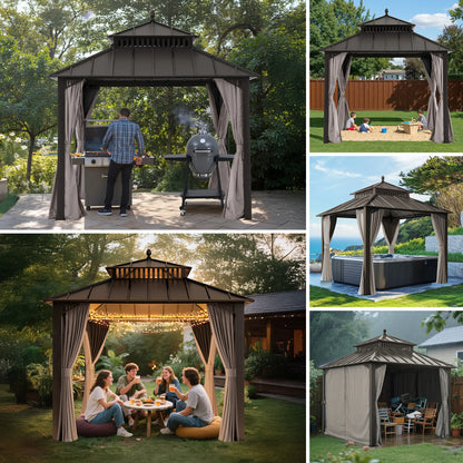 Mazonvintage Kingston 10x10 Gazebo with Netting & Curtain | Steel Roof - Brown Aluminum Posts