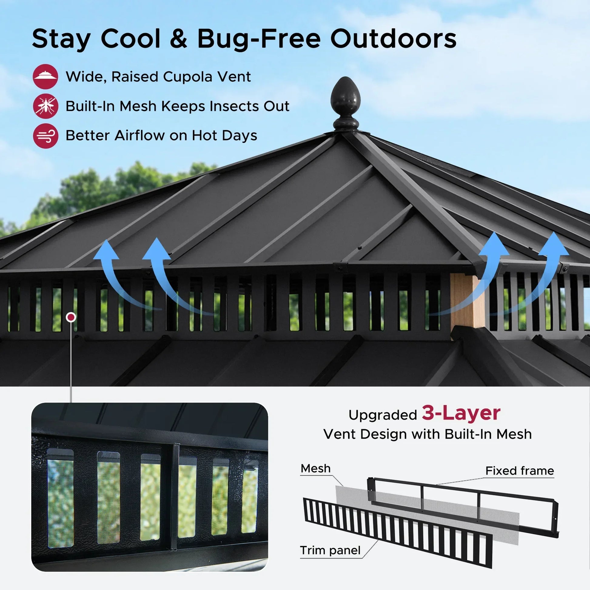 Mazonvintage Kingston 12x12 Gazebo with Netting & Curtain | Steel Roof - Woodgrain Aluminum Posts