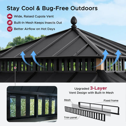 Mazonvintage Kingston 12x12 Gazebo with Netting & Curtain | Steel Roof - Woodgrain Aluminum Posts
