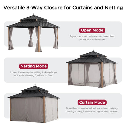 Mazonvintage Kingston 12x12 Gazebo with Netting & Curtain | Steel Roof - Woodgrain Aluminum Posts
