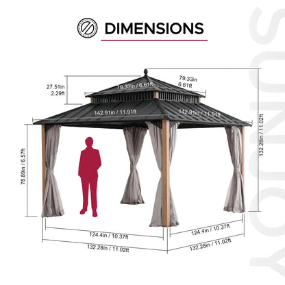 Mazonvintage Kingston 12x12 Gazebo with Netting & Curtain | Steel Roof - Woodgrain Aluminum Posts