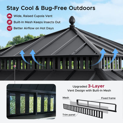 Mazonvintage Kingston 12x12 Gazebo with Netting & Curtain | Steel Roof - Gray Aluminum Posts