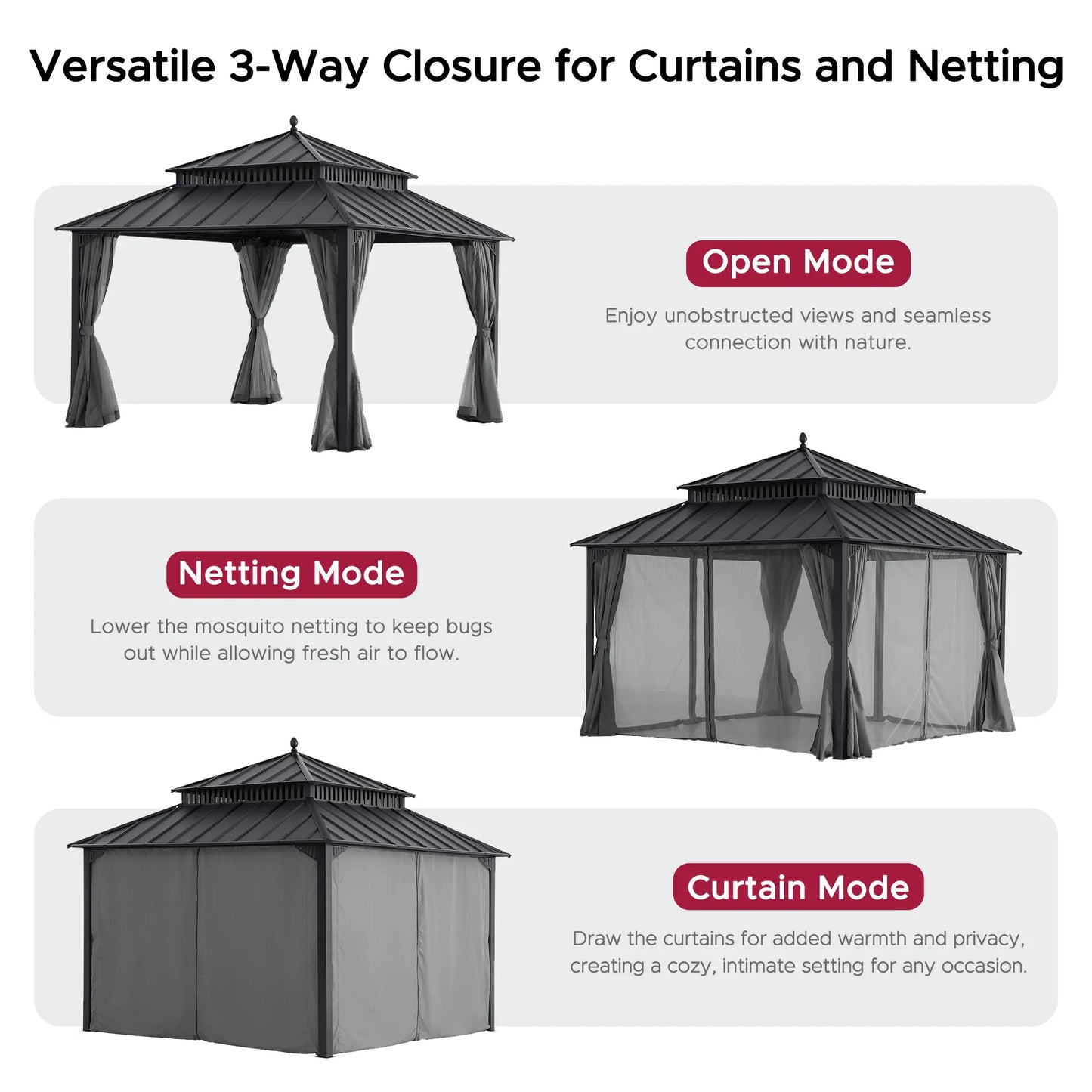 Mazonvintage Kingston 12x12 Gazebo with Netting & Curtain | Steel Roof - Gray Aluminum Posts