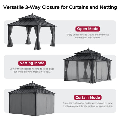 Mazonvintage Kingston 12x12 Gazebo with Netting & Curtain | Steel Roof - Gray Aluminum Posts