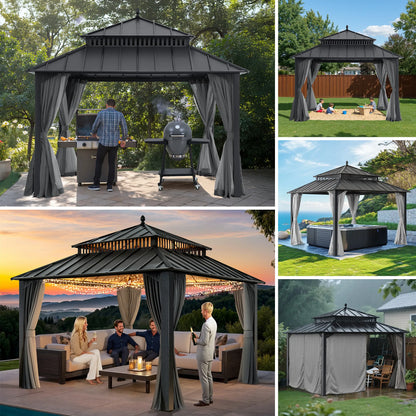 Mazonvintage Kingston 12x12 Gazebo with Netting & Curtain | Steel Roof - Gray Aluminum Posts