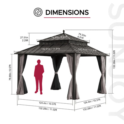 Mazonvintage Kingston 12x12 Gazebo with Netting & Curtain | Steel Roof - Brown Aluminum Posts
