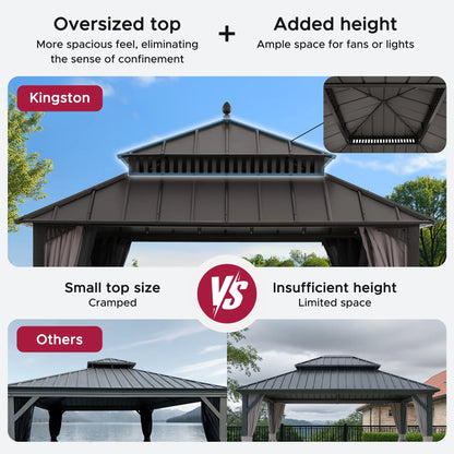 Mazonvintage Kingston 12x12 Gazebo with Netting & Curtain | Steel Roof - Brown Aluminum Posts