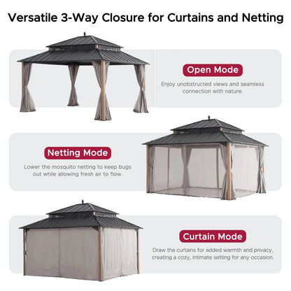 MazonvintageKingston 12x14 Gazebo with Netting & Curtain | Steel Roof - Woodgrain Aluminum Posts