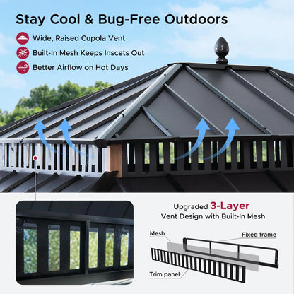 MazonvintageKingston 12x14 Gazebo with Netting & Curtain | Steel Roof - Woodgrain Aluminum Posts