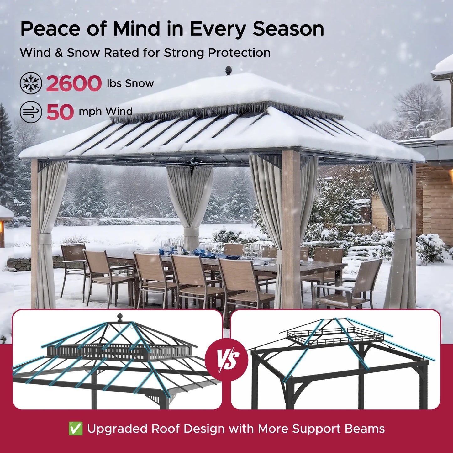 MazonvintageKingston 12x14 Gazebo with Netting & Curtain | Steel Roof - Woodgrain Aluminum Posts