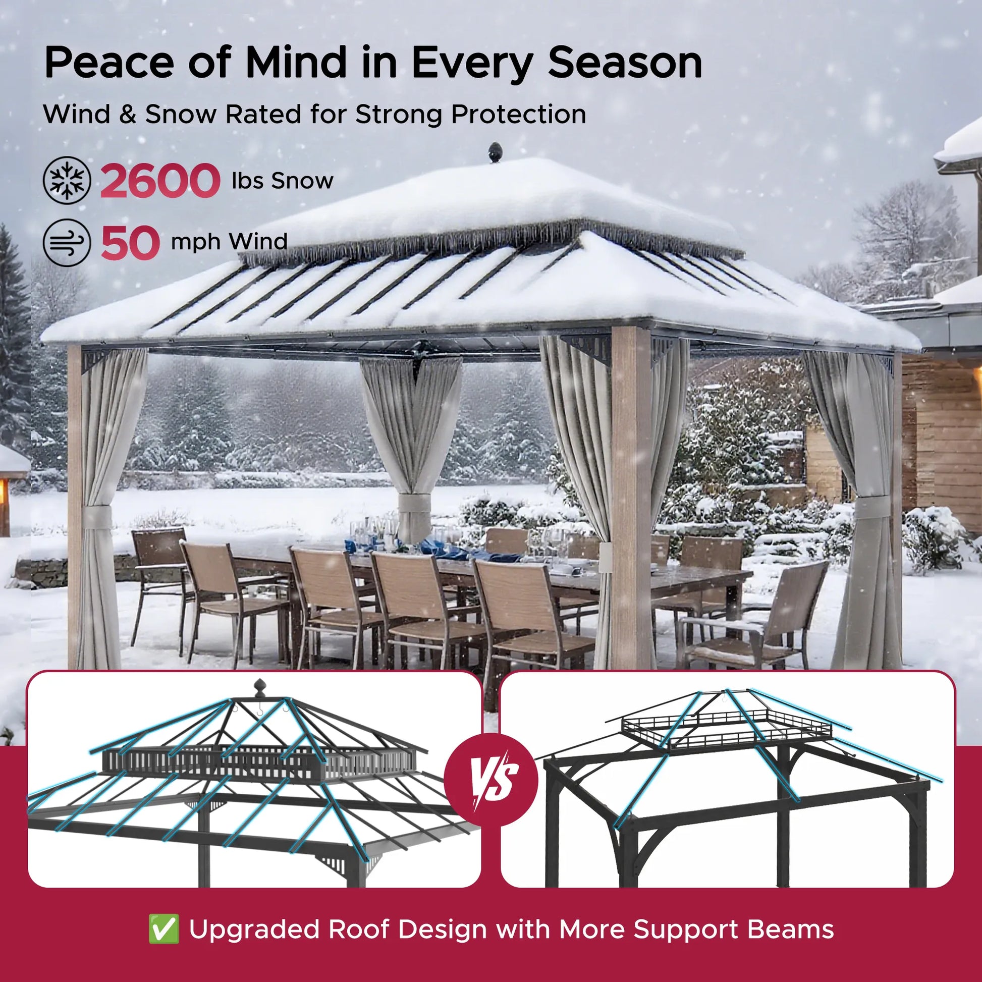 MazonvintageKingston 12x14 Gazebo with Netting & Curtain | Steel Roof - Woodgrain Aluminum Posts