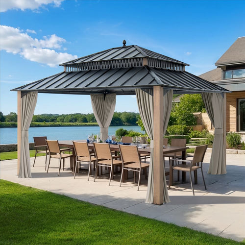 MazonvintageKingston 12x14 Gazebo with Netting & Curtain | Steel Roof - Woodgrain Aluminum Posts