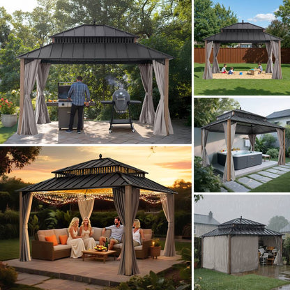 MazonvintageKingston 12x14 Gazebo with Netting & Curtain | Steel Roof - Woodgrain Aluminum Posts