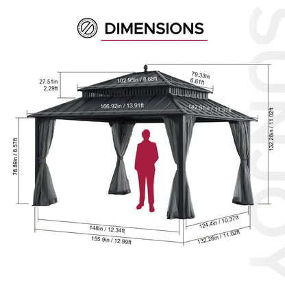 MazonvintageKingston 12x14 Gazebo with Netting & Curtain | Steel Roof - Gray Aluminum Posts