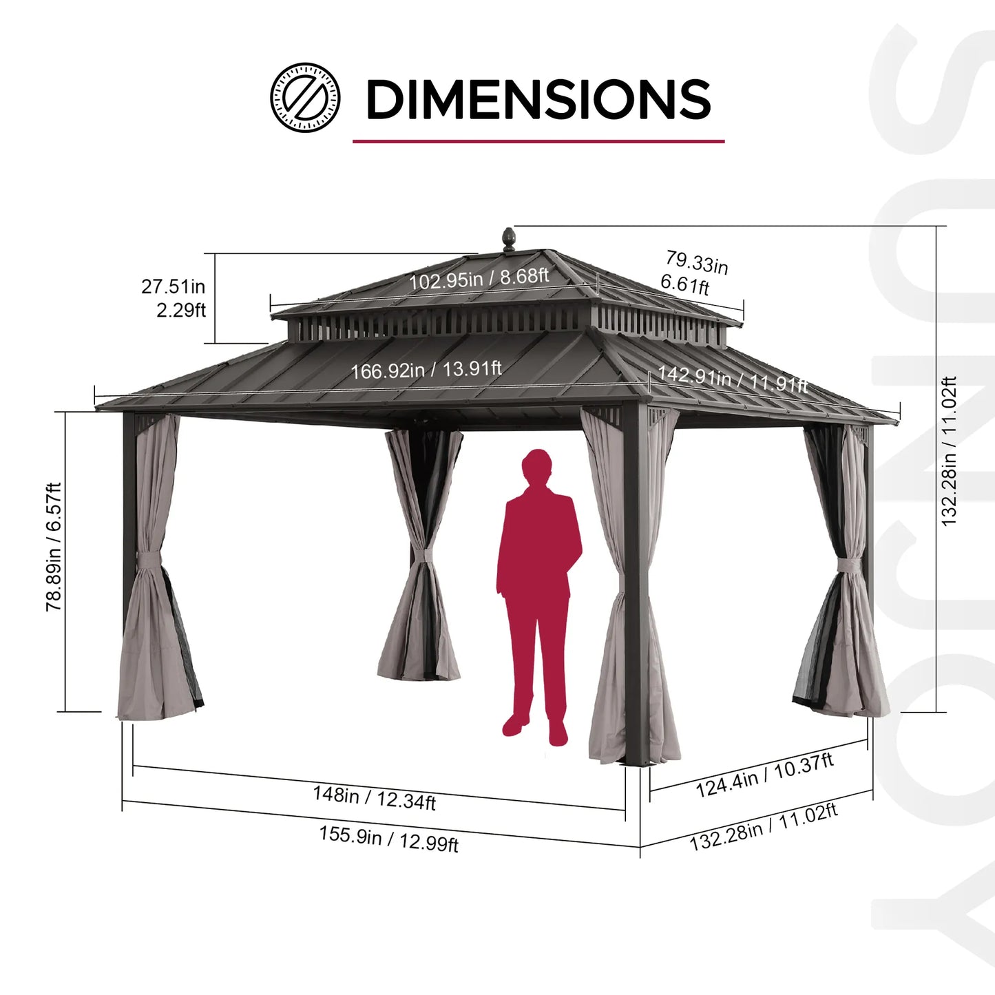 MazonvintageKingston 12x14 Gazebo with Netting & Curtain | Steel Roof - Brown Aluminum Posts