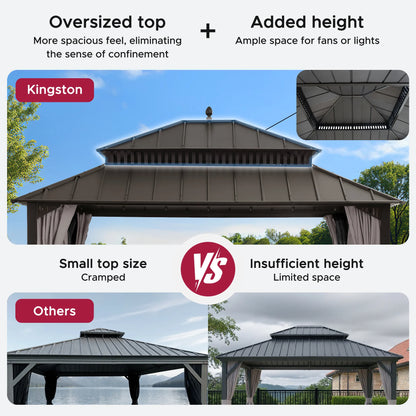 MazonvintageKingston 12x14 Gazebo with Netting & Curtain | Steel Roof - Brown Aluminum Posts