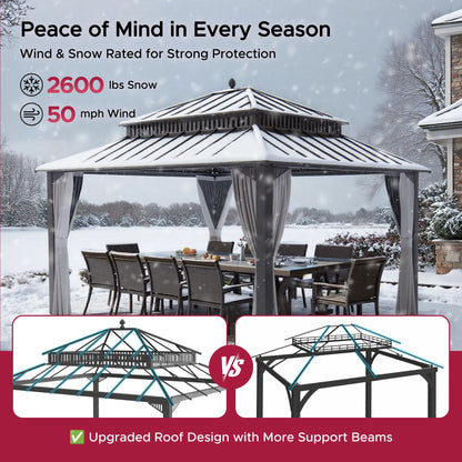 MazonvintageKingston 12x14 Gazebo with Netting & Curtain | Steel Roof - Brown Aluminum Posts