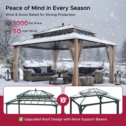 Mazonvintage Kingston 12x16 Gazebo with Netting & Curtain | Steel Roof - Woodgrain Aluminum Posts