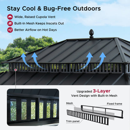MazonvintageKingston 12x16 Gazebo with Netting & Curtain | Steel Roof - Gray Aluminum Posts