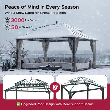 MazonvintageKingston 12x16 Gazebo with Netting & Curtain | Steel Roof - Gray Aluminum Posts