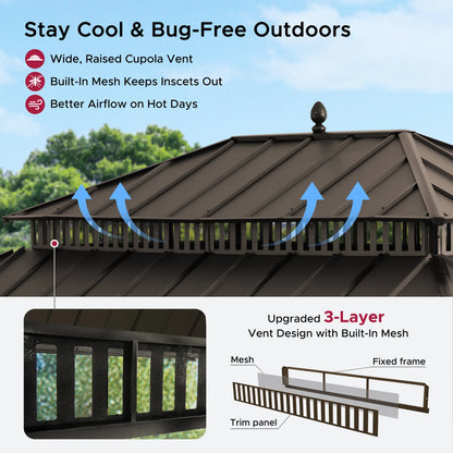 MazonvintageKingston 12x16 Gazebo with Netting & Curtain | Steel Roof - Brown Aluminum Posts