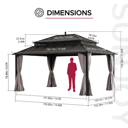 MazonvintageKingston 12x16 Gazebo with Netting & Curtain | Steel Roof - Brown Aluminum Posts