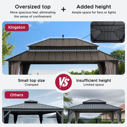 MazonvintageKingston 12x16 Gazebo with Netting & Curtain | Steel Roof - Brown Aluminum Posts