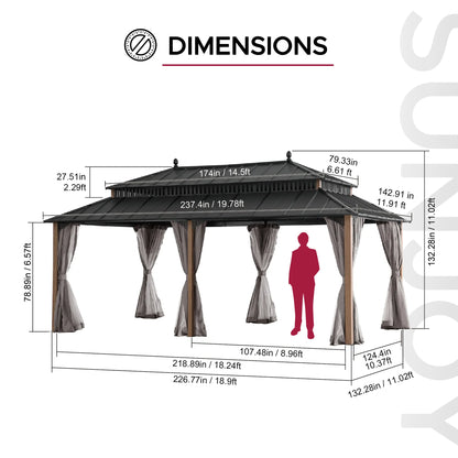 Mazonvintage Kingston 12x20 Gazebo with Netting & Curtain | Steel Roof - Woodgrain Aluminum Posts
