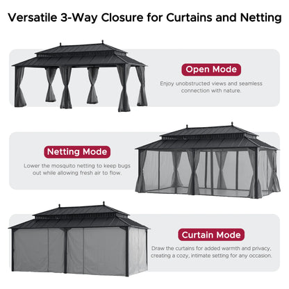 MazonvintageKingston 12x20 Gazebo with Netting & Curtain | Steel Roof - Gray Aluminum Posts