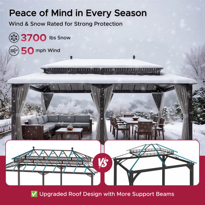 Mazonvintage Kingston 12x20 Gazebo with Netting & Curtain | Steel Roof - Brown Aluminum Posts