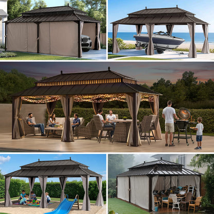 Mazonvintage Kingston 12x20 Gazebo with Netting & Curtain | Steel Roof - Brown Aluminum Posts