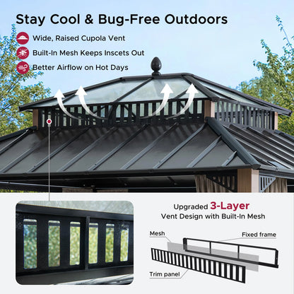 Mazonvintage Kingston 12x10 Gazebo with Netting & Curtain | Steel & PC Roof - Woodgrain Aluminum Posts