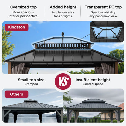 Mazonvintage Kingston 12x10 Gazebo with Netting & Curtain | Steel & PC Roof - Woodgrain Aluminum Posts