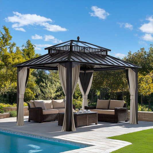 Mazonvintage Kingston 12x10 Gazebo with Netting & Curtain | Steel & PC Roof - Brown Aluminum Posts