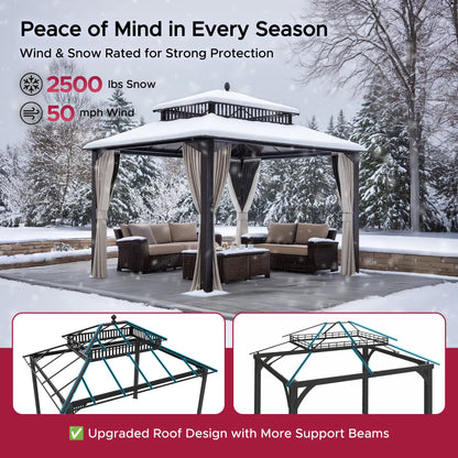 Mazonvintage Kingston 12x10 Gazebo with Netting & Curtain | Steel & PC Roof - Brown Aluminum Posts