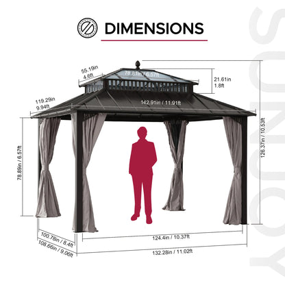 Mazonvintage Kingston 12x10 Gazebo with Netting & Curtain | Steel & PC Roof - Brown Aluminum Posts