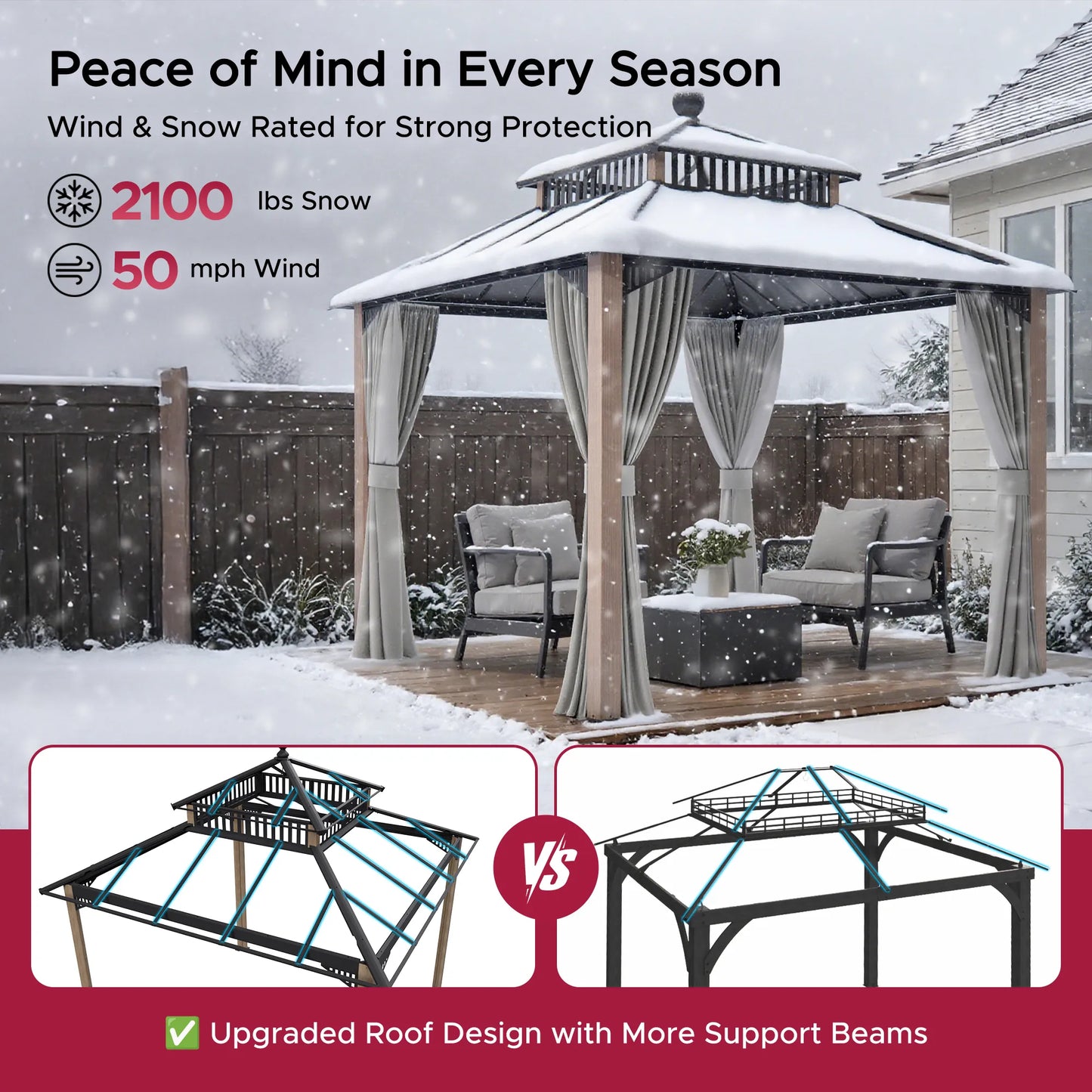 Mazonvintage Kingston 10x10 Gazebo with Netting & Curtain | Steel & PC Roof - Woodgrain Aluminum Posts