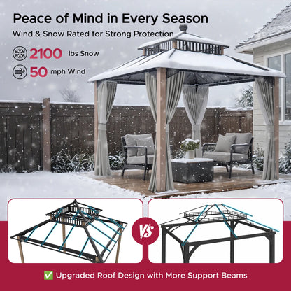 Mazonvintage Kingston 10x10 Gazebo with Netting & Curtain | Steel & PC Roof - Woodgrain Aluminum Posts