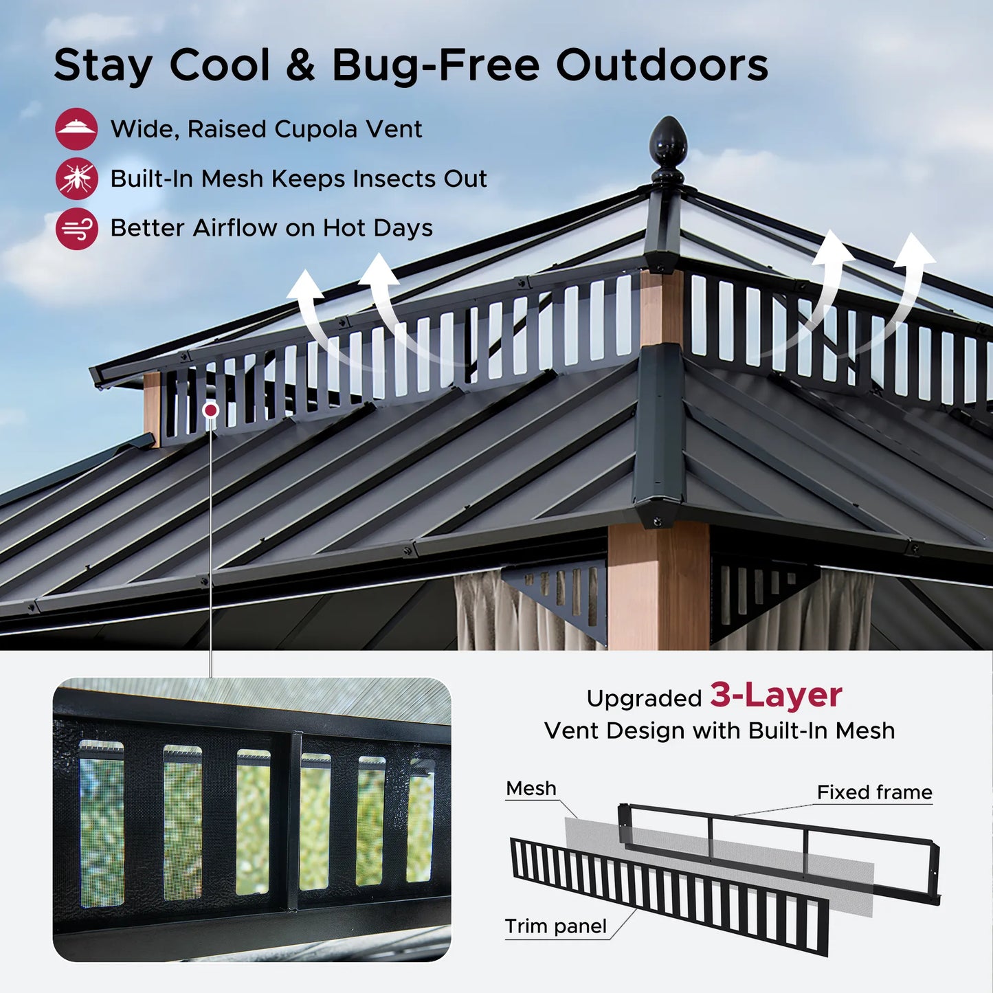Mazonvintage Kingston 12x12 Gazebo with Netting & Curtain | Steel & PC Roof - Woodgrain Aluminum Posts