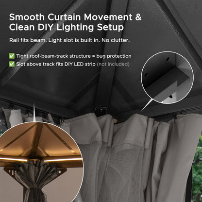 Mazonvintage Kingston 12x12 Gazebo with Netting & Curtain | Steel & PC Roof - Woodgrain Aluminum Posts