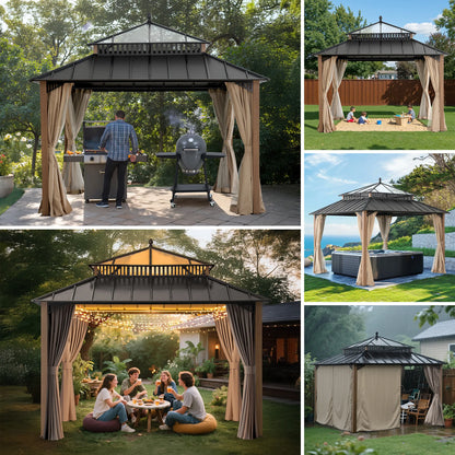 Mazonvintage Kingston 12x12 Gazebo with Netting & Curtain | Steel & PC Roof - Woodgrain Aluminum Posts