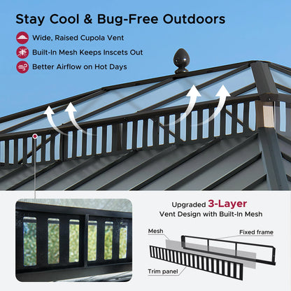 Mazonvintage Kingston 12x16 Gazebo with Netting & Curtain | Steel & PC Roof - Woodgrain Aluminum Posts