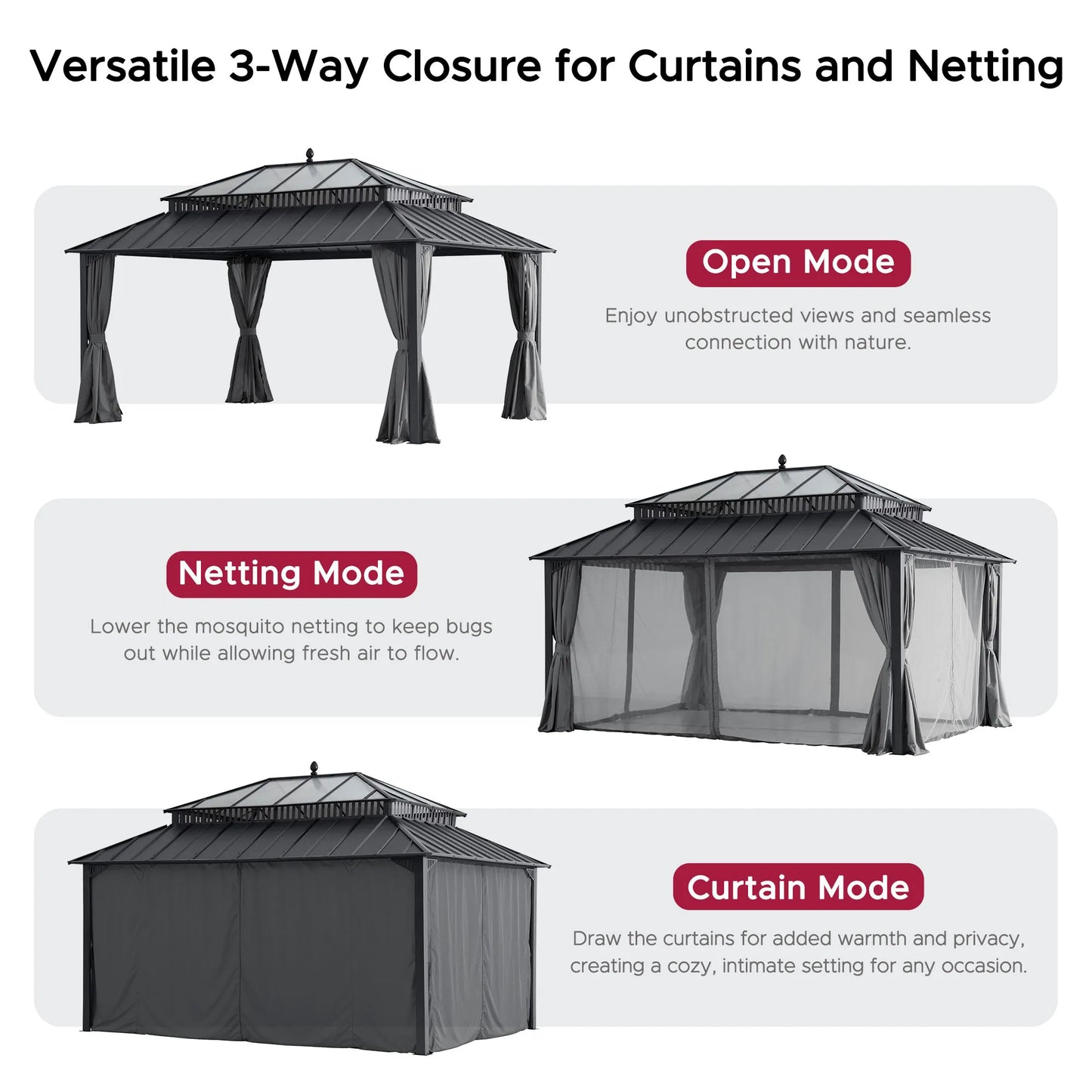 Mazonvintage Kingston 12x16 Gazebo with Netting & Curtain | Steel & PC Roof - Gray Aluminum Posts