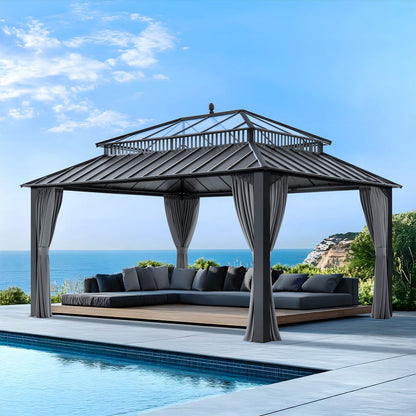 Mazonvintage Kingston 12x16 Gazebo with Netting & Curtain | Steel & PC Roof - Gray Aluminum Posts