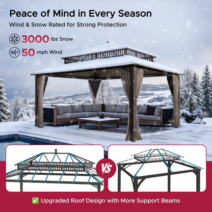 Mazonvintage Kingston 12x16 Gazebo with Netting & Curtain | Steel & PC Roof - Brown Aluminum Posts